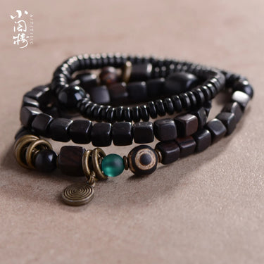 Ethnic Tibetan Coconut,Ebony Wood & Smoky Citrine DETOXIFYING Dual Layer Bracelet